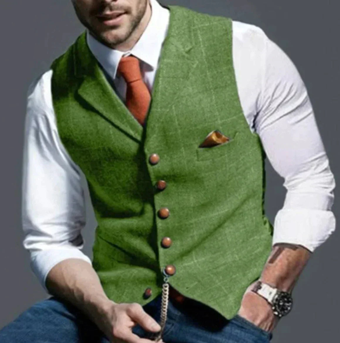 "Stylisch herenvest, klassiek patroon, duurzame tweed stof, geschikt voor formele en casual gelegenheden."