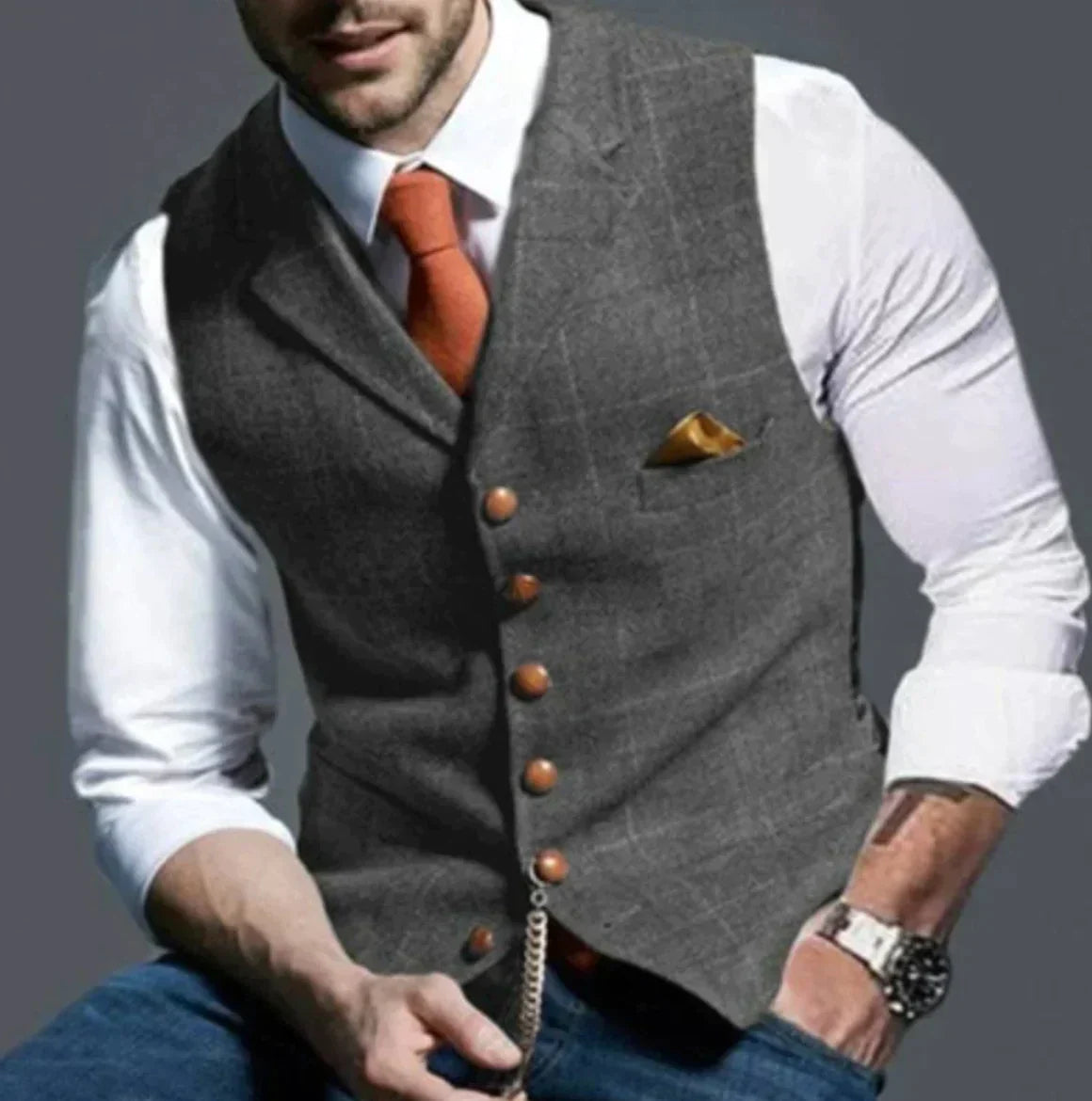 "Stylisch herenvest, klassiek patroon, duurzame tweed stof, geschikt voor formele en casual gelegenheden."