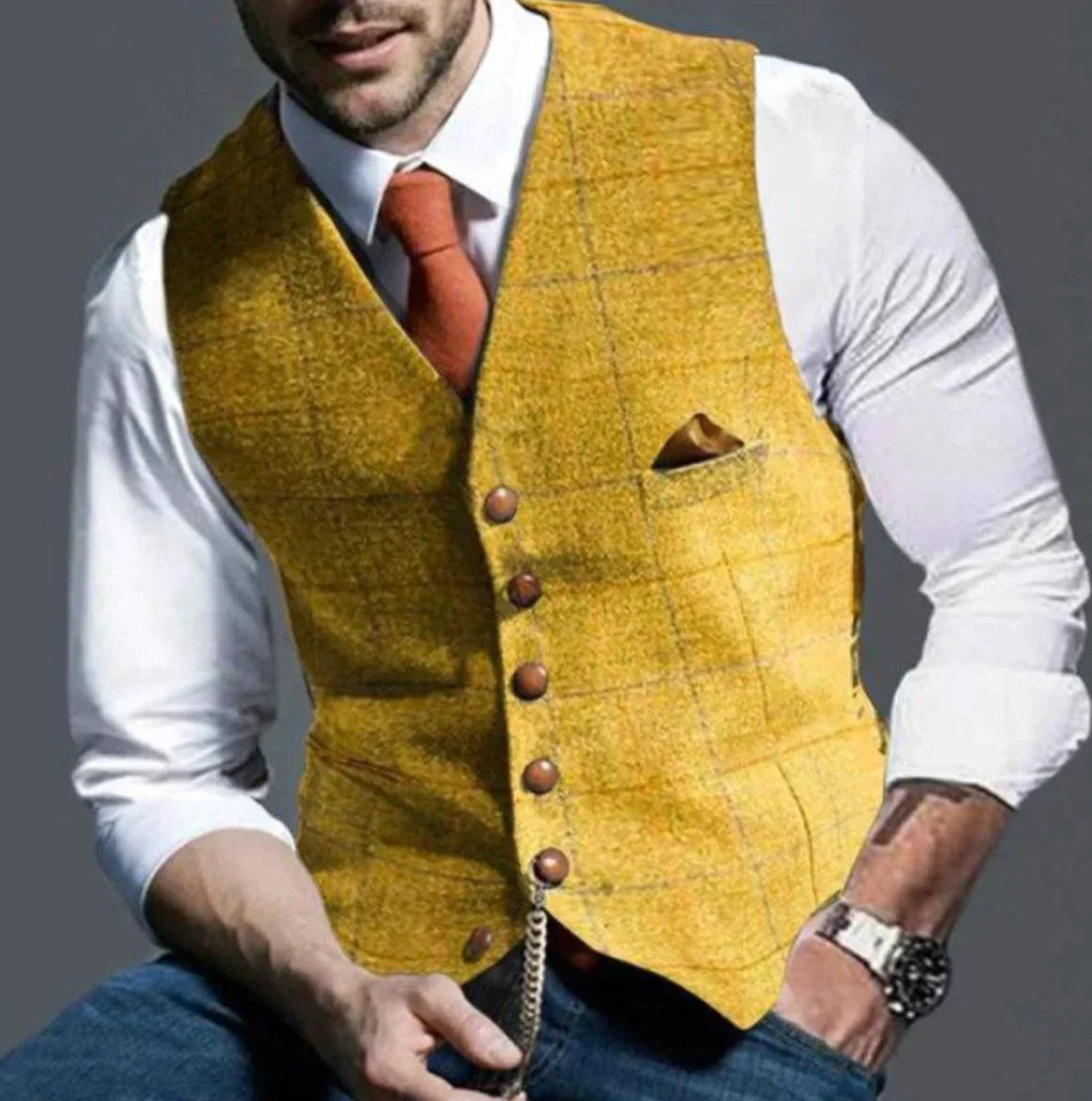 "Stylisch herenvest, klassiek patroon, duurzame tweed stof, geschikt voor formele en casual gelegenheden."