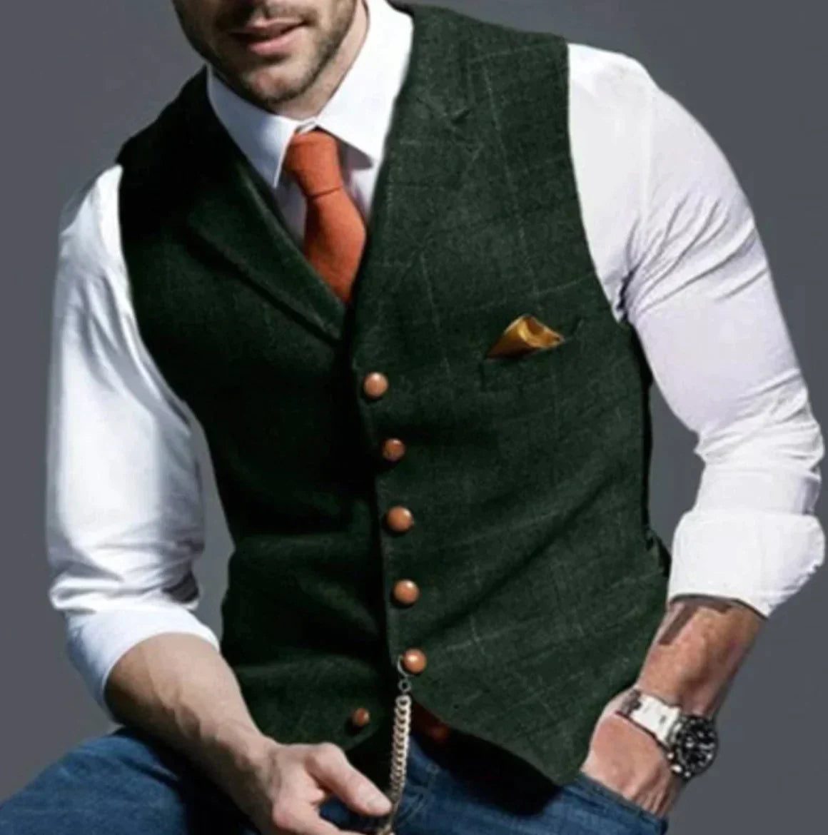 "Stylisch herenvest, klassiek patroon, duurzame tweed stof, geschikt voor formele en casual gelegenheden."