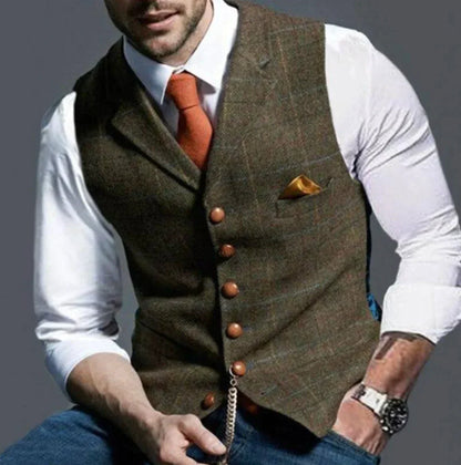 "Stylisch herenvest, klassiek patroon, duurzame tweed stof, geschikt voor formele en casual gelegenheden."