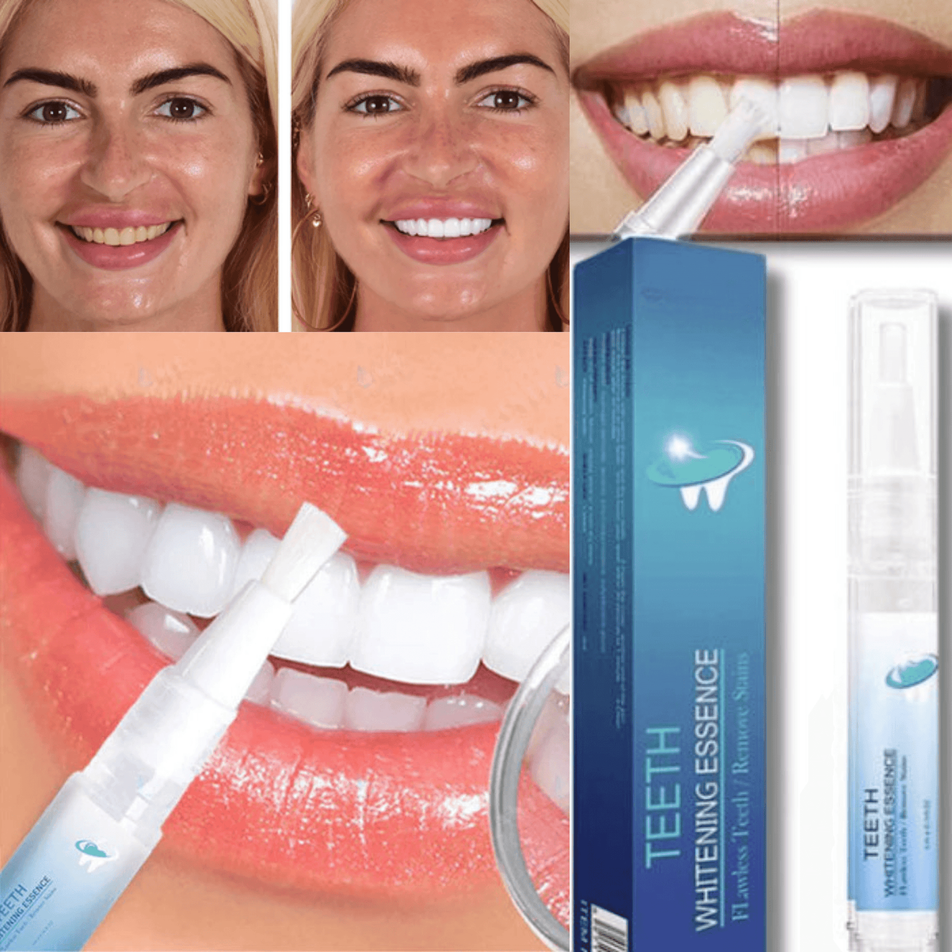 "Tanden bleken essentie met heldere vloeistof in transparante flacon voor stralend witte tanden zonder gevoeligheid."