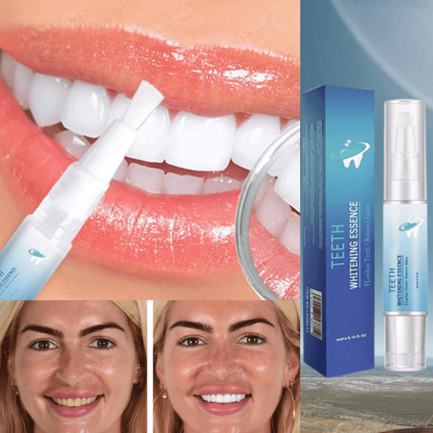 "Tanden bleken essentie met heldere vloeistof in transparante flacon voor stralend witte tanden zonder gevoeligheid."