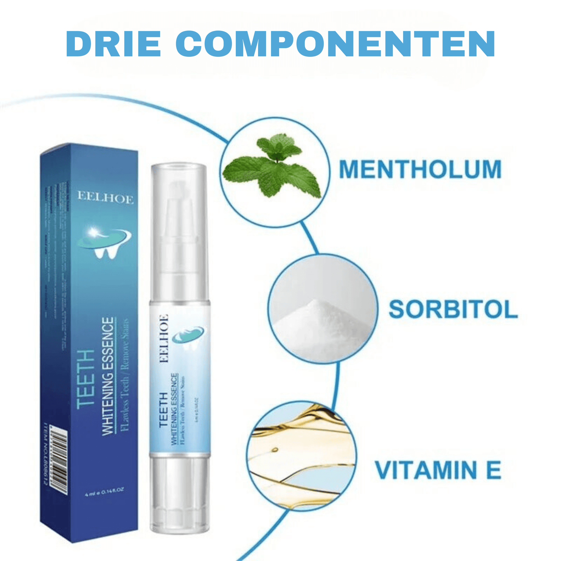 "Tanden bleken essentie met heldere vloeistof in transparante flacon voor stralend witte tanden zonder gevoeligheid."