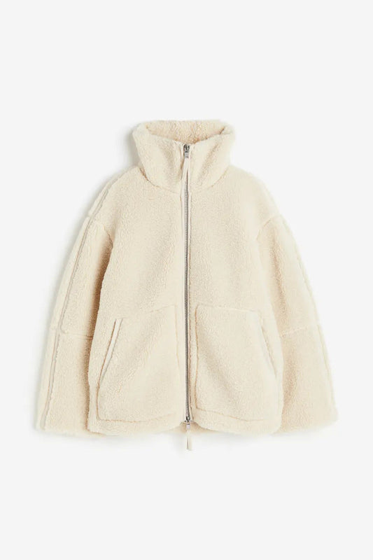 "Teddy jas met dubbele rits, zachte teddy stof, oversized fit in beige en koffie, warme winterjas voor dames."
