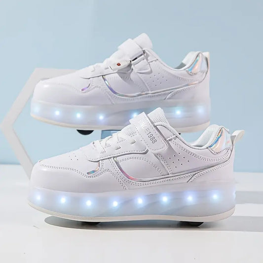 Trendy kinderschoenen met rollers en LED-verlichting, verkrijgbaar in paars, roze en wit, perfect voor avontuurlijke kids.