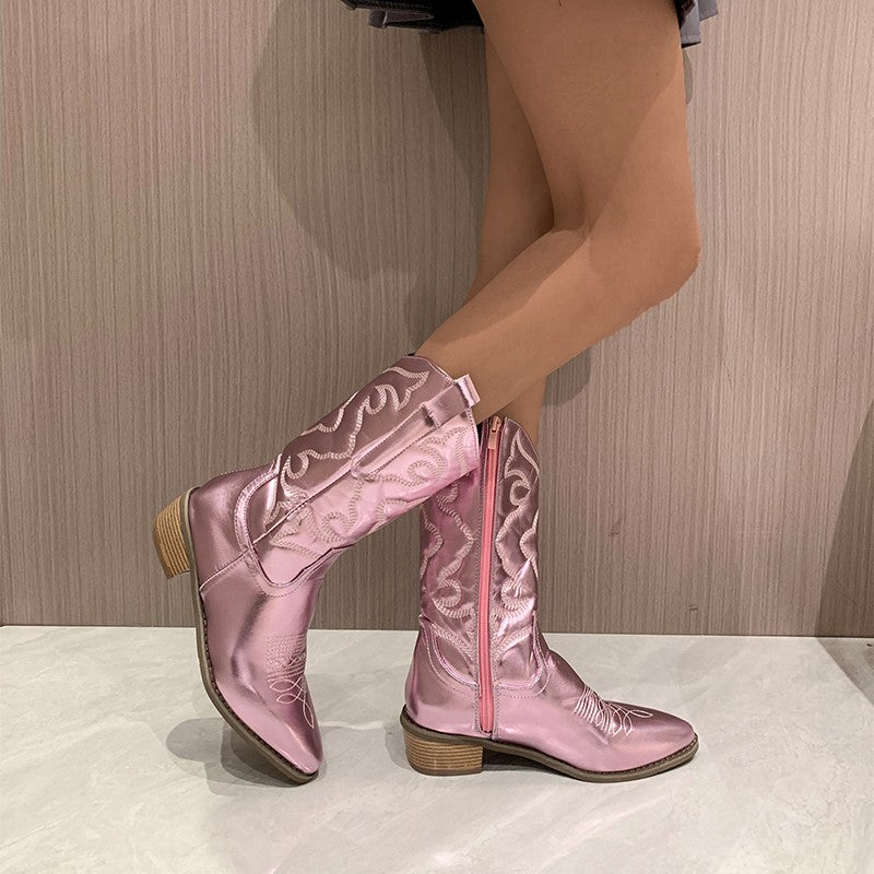 "Trendy metallic cowboy laarzen voor dames met sprankelende afwerking, ideaal voor zowel casual als feestelijke outfits."