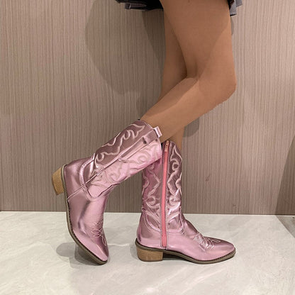 "Trendy metallic cowboy laarzen voor dames met sprankelende afwerking, ideaal voor zowel casual als feestelijke outfits."