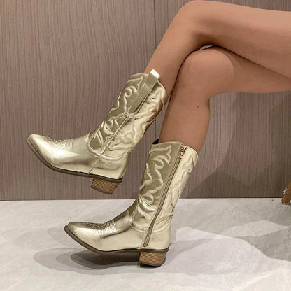 "Trendy metallic cowboy laarzen voor dames met sprankelende afwerking, ideaal voor zowel casual als feestelijke outfits."