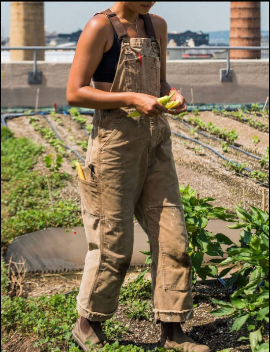 "Tuin dungarees in groen, verstelbare schouderbanden, comfortabel en ademend materiaal, ideaal voor dagelijks tuinieren."