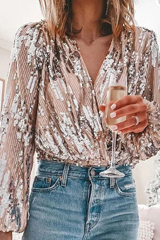 "Valeria Glamour Blouse, V-hals, pailletten, ballonmouwen, elegante top, vrouwenkleding, feestelijk en stijlvol."