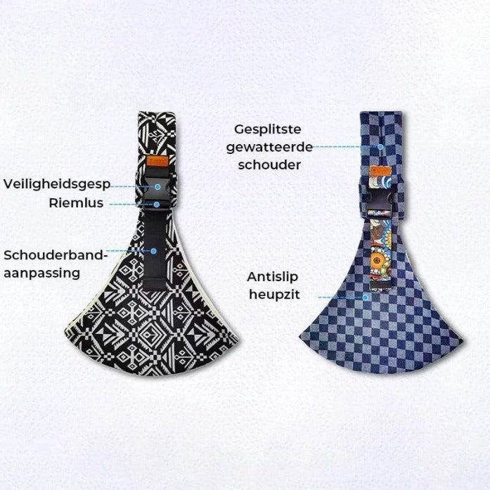 Verstelbare baby draagdoek in grijze tinten, ergonomisch ontwerp voor comfort en gebruiksgemak, ideaal voor ouders onderweg.