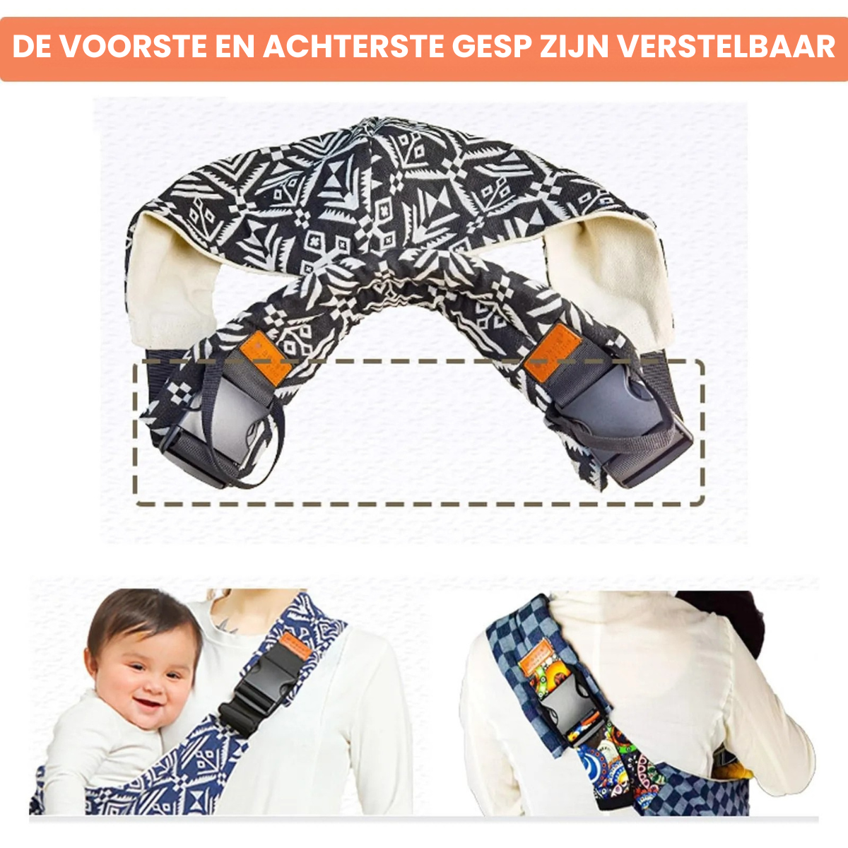 Verstelbare baby draagdoek in grijze tinten, ergonomisch ontwerp voor comfort en gebruiksgemak, ideaal voor ouders onderweg.