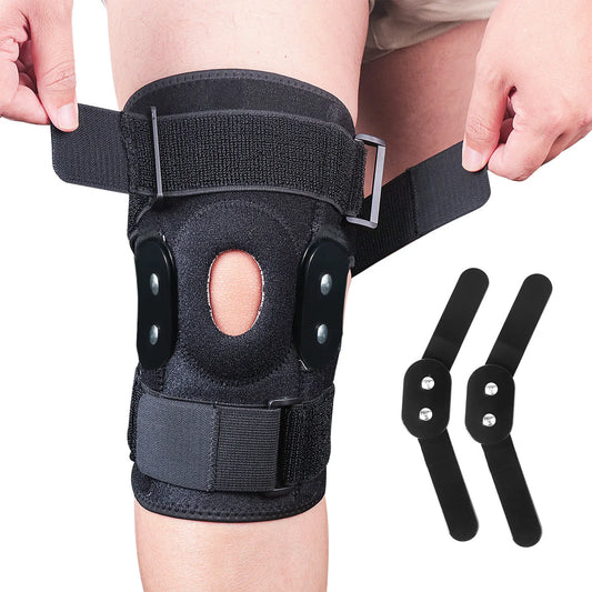"Verstelbare scharnierende kniebrace voor optimale ondersteuning, zwart neopreen, geeft flexibiliteit en comfort bij beweging
