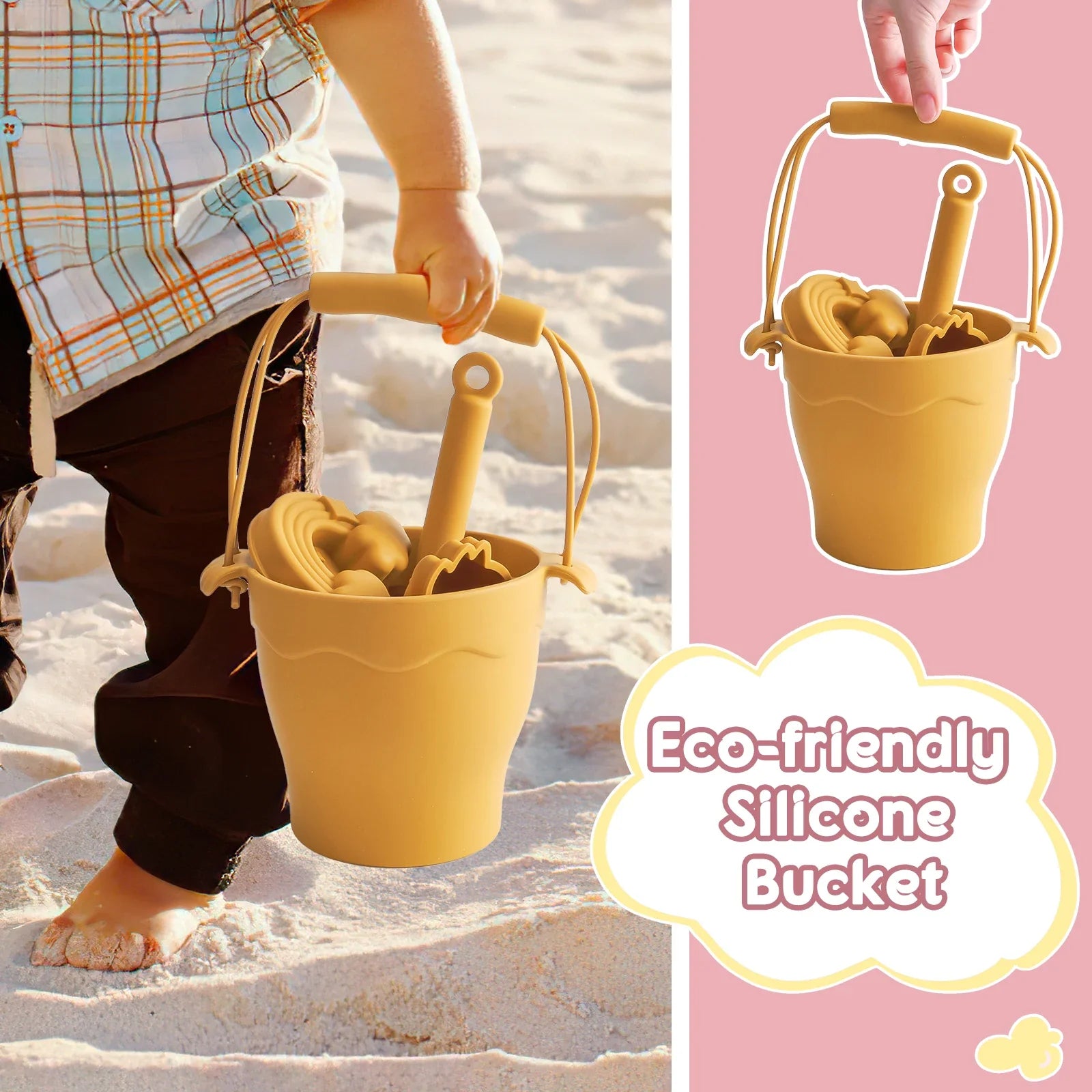 "Vrolijke Silicone Beach Set met emmer en speeltjes in blauwe, gele en groene tinten; veilige, milieuvriendelijke keuze."