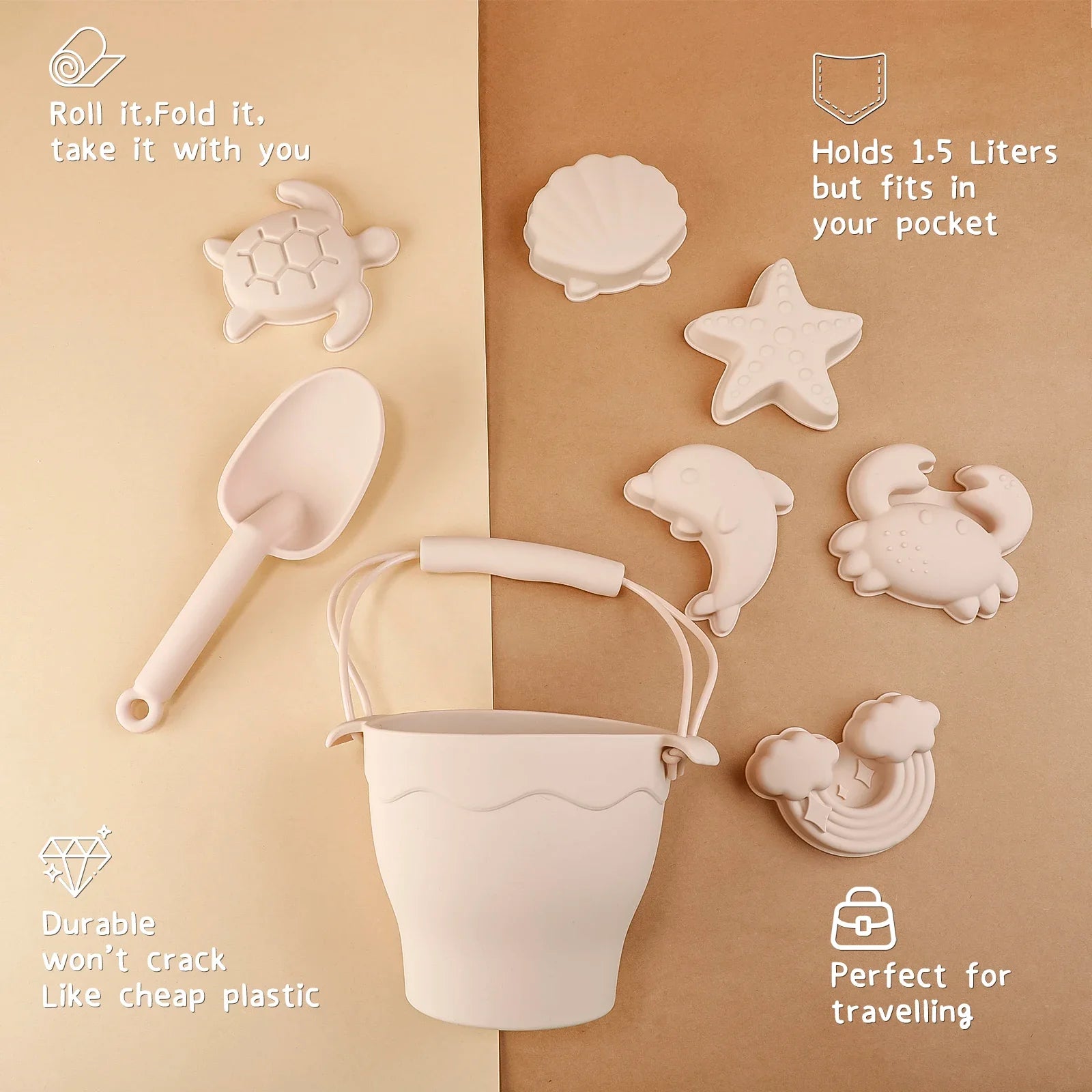 "Vrolijke Silicone Beach Set met emmer en speeltjes in blauwe, gele en groene tinten; veilige, milieuvriendelijke keuze."