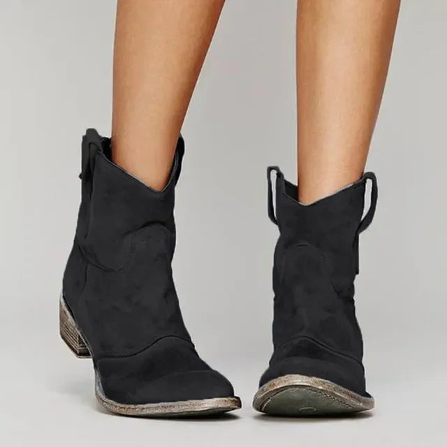 "Vrouwelijke cowboylaarzen Julia, vintage stijl, bruin leer, lage hak, ergonomisch, geschikt voor modieuze gelegenheden."