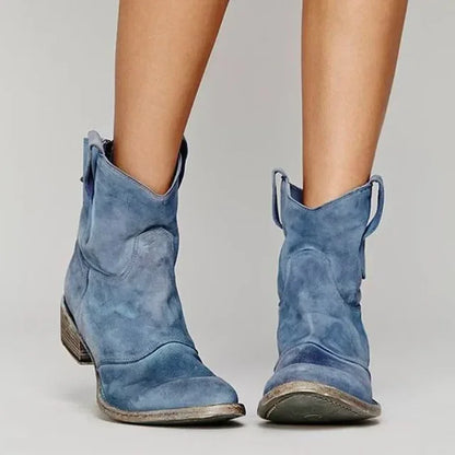 "Vrouwelijke cowboylaarzen Julia, vintage stijl, bruin leer, lage hak, ergonomisch, geschikt voor modieuze gelegenheden."