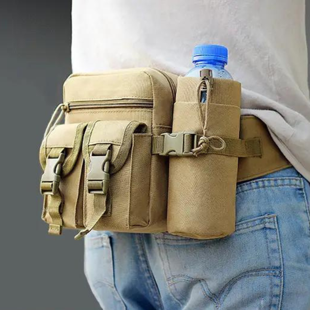 "Waterbestendige tactische heuptas met afneembare fleshouder, gemaakt van robuust 800D oxford materiaal, ideaal voor outdoor.