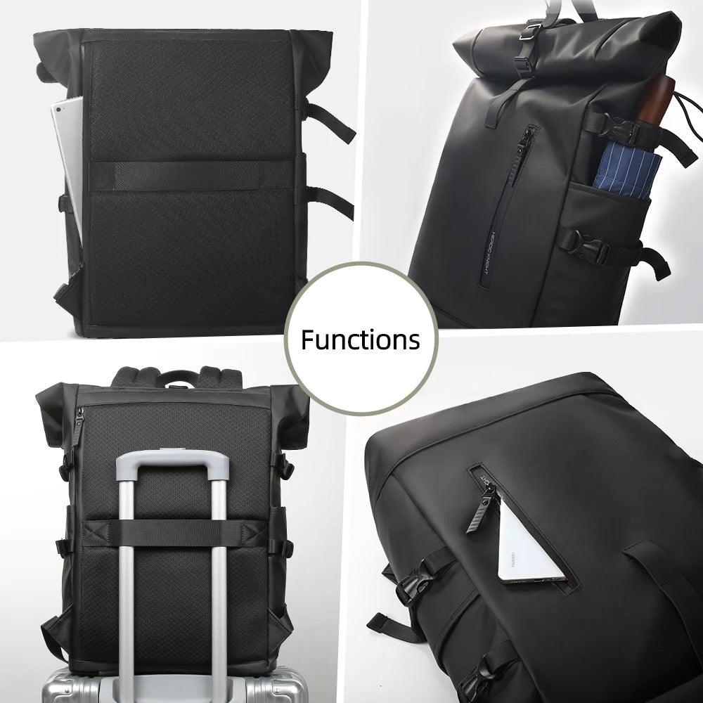 "Waterdichte 3-in-1 fietstas rugzak, zwart, rolltop, duurzaam zeildoek, veelzijdige, strakke tas voor fietsers en woon-werkve