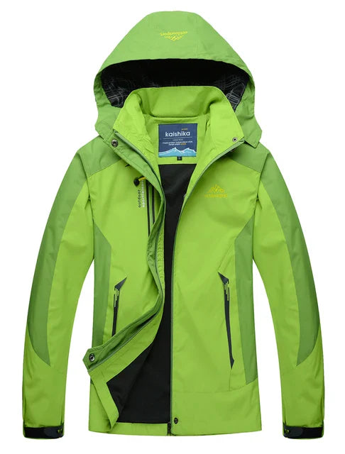 "Waterdichte outdoor jas met capuchon, unisex, blauw, wind- en waterdicht, ideaal voor avontuurlijk gebruik."
