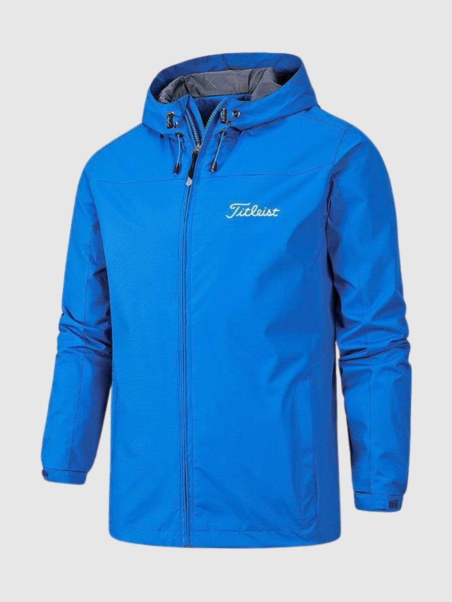 "Waterdichte unisex regenjas, blauw polyester met capuchon, voor dames en heren. Bescherming tegen wind en regen."