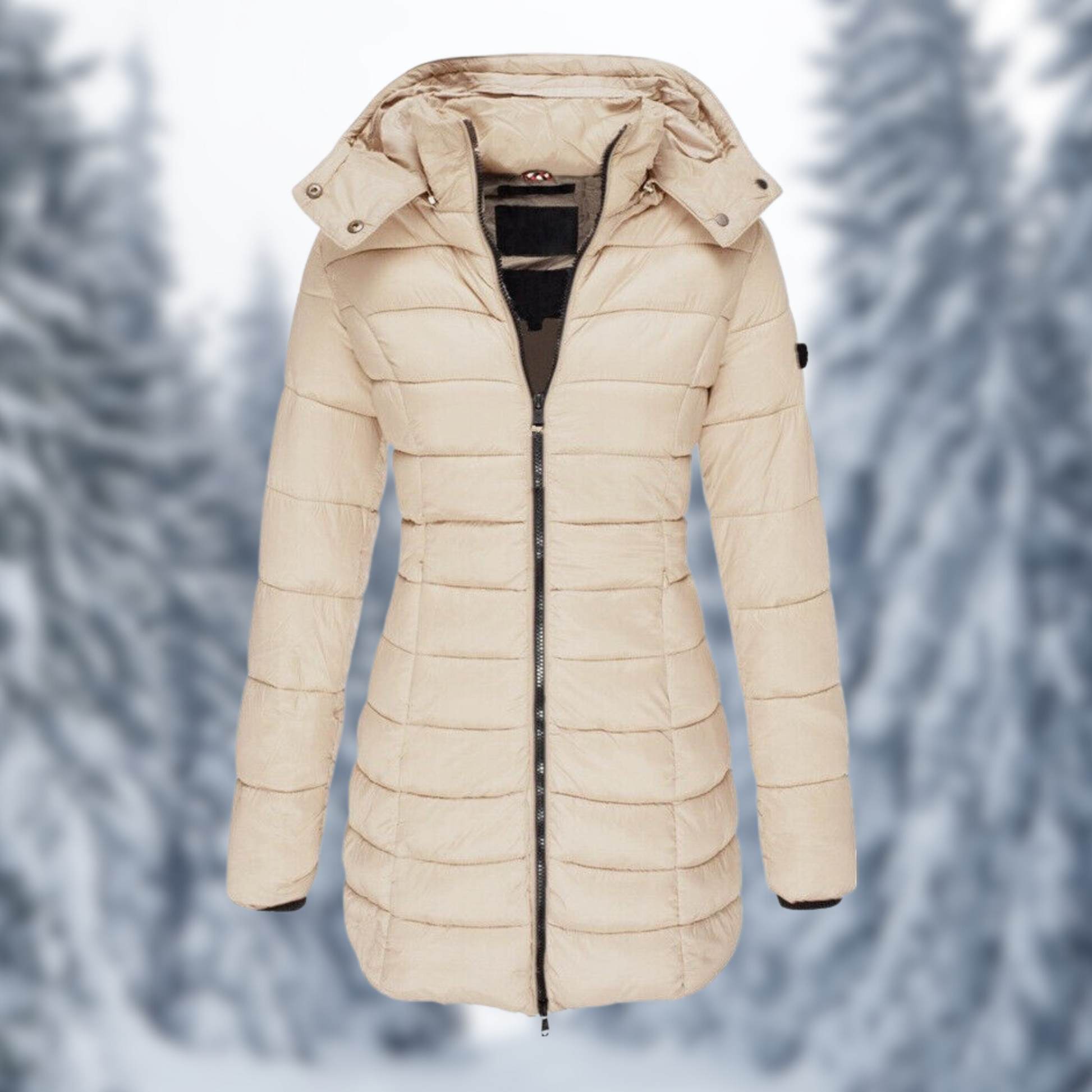 "Waterdichte winterjas in beige, robuust en stijlvol ontwerp, ideaal voor alle weersomstandigheden, dameskleding."
