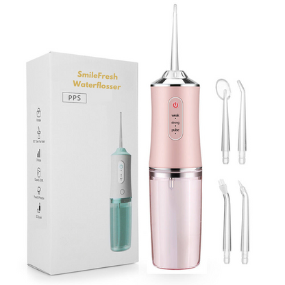 "Waterflosser met 360° spuitkop, ruime watertank en compact design voor optimale mondhygiëne."