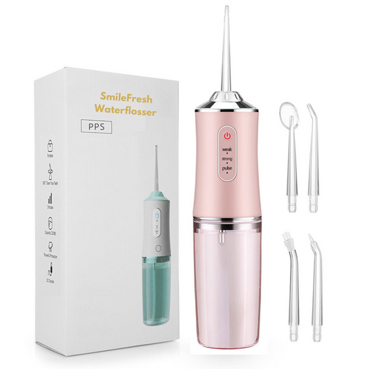 "Waterflosser met 360° spuitkop, ruime watertank en compact design voor optimale mondhygiëne."