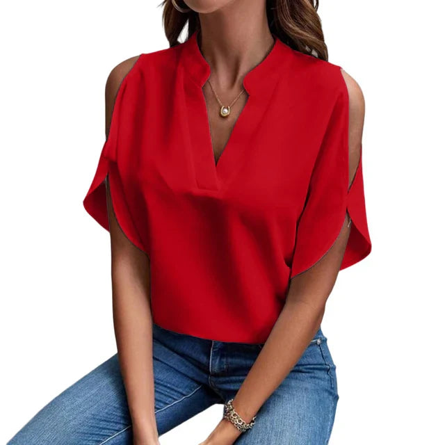 "Zomerse blouse dames met korte mouwen, slanke pasvorm, licht en ademend materiaal voor casual chique look."