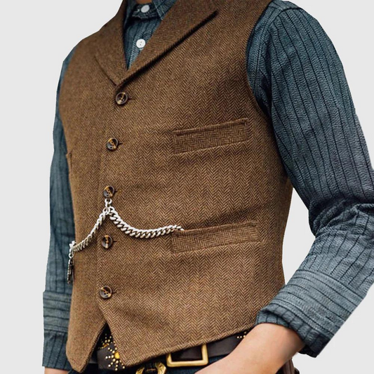 "Zwart visgraatvest voor heren, klassieke stijl met omgeslagen kraag en knoopsluiting, perfect voor lente en zomer."