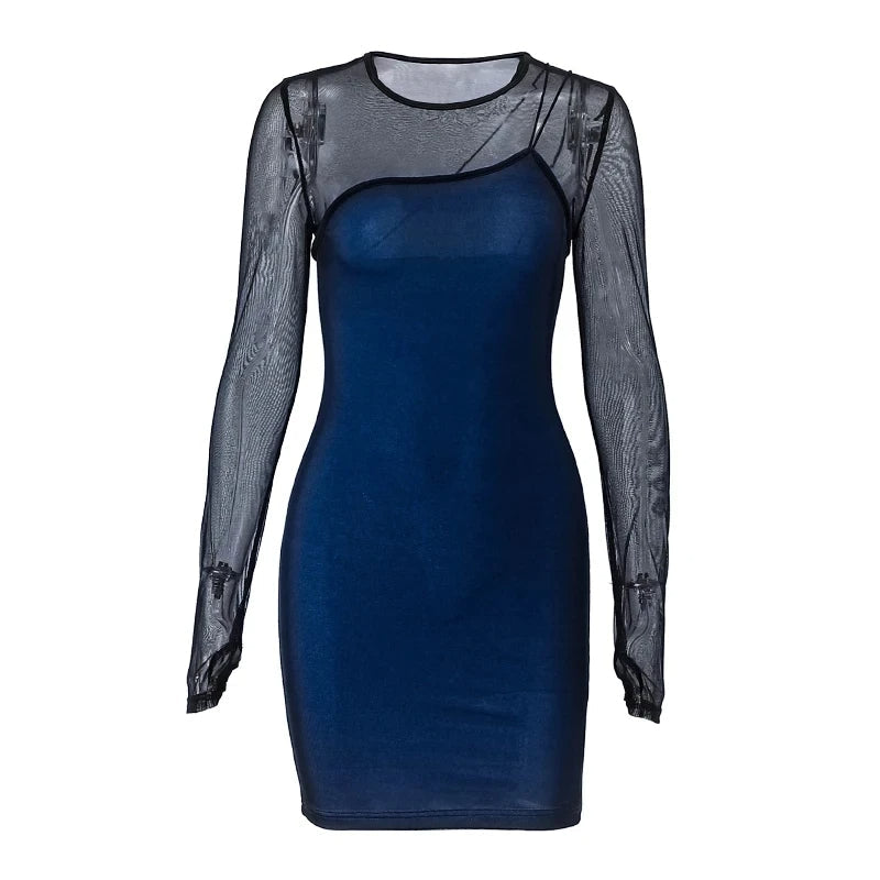 "Zwarte bodycon mini jurk met gaas patchwork, lange mouwen, elegante en sexy uitstraling voor damesavondje uit."