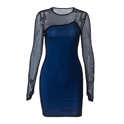 "Zwarte bodycon mini jurk met gaas patchwork, lange mouwen, elegante en sexy uitstraling voor damesavondje uit."