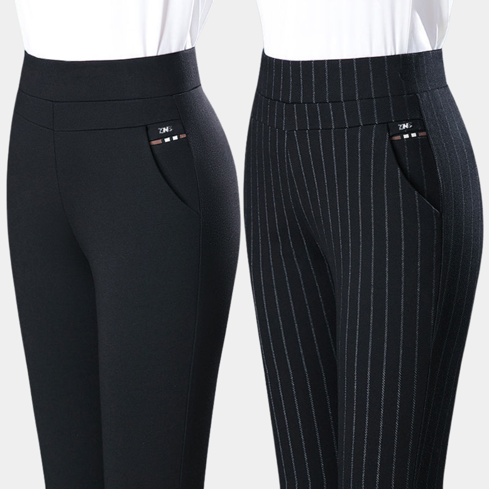 "Zwarte stretchbroek voor dames met hoge taille, flatterend en comfortabel, perfect voor werk en casual looks."